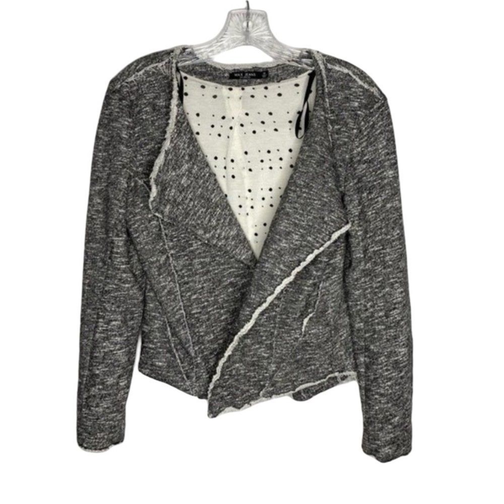 Max Jeans Heathered Gray Frayed Asymmetrical Hem Open Front Blazer Jacket M